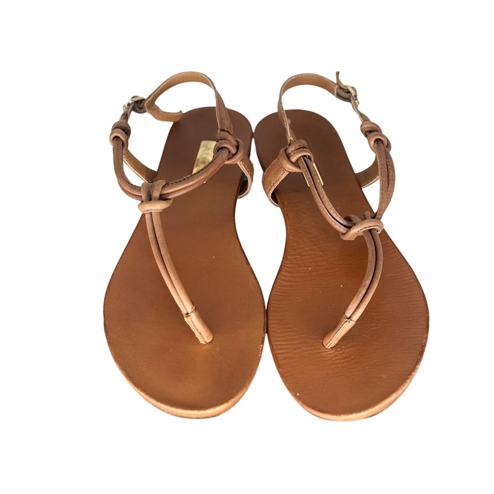 ALDO Women's Boho Cognac Brown T-Strap Flat Sandals Knot Detail Size 8 US